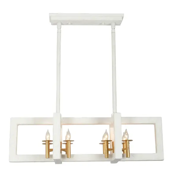 Inspired by the unique and captivating textures of the adobe structures found in desert dwellings, Duo effortlessly brings the essence of the desert into your home. Its soft, warm illumination creates a cozy atmosphere, blending seamlessly with both modern and traditional interior styles. Finished in Matte White and Soft Gold. Collection: Duo Finish: Soft Gold and White Width: 15.00" Height: 12.00" Length: 42.00" Weight: 42.00 lb Extension from Wall: 42.00" Wire: 156" Rod: (2) 6", (2) 12", (2) 24" Canopy: 5"x0.75"x22" Number of Bulbs: 8 Maximum Wattage: 40.00 W Bulb Type: Candelabra Bulb Base: E12 Candelabra Dimmable Voltage: 120.00 V Material: Steel and Plaster Country of Origin: Philippines Safety Listing: UL/cUL Safety Rating: Dry - alternate view