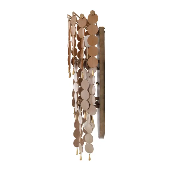Discover the perfect fusion of sophistication and creativity. Crafted from leather in a warm yet vibrant color, the arrangement of leather medallions with a central stitch allow for free movement and ensures visual and actual dynamism. Collection: Pelt Rooms: Dining Room, Living Room, Bedroom, Finish: Pearlized Antique Brass Width: 12.00" Height: 24.50" Extension from Wall: 6.00" Wire: 12" Canopy: 19"x0.75"x6.25" Number of Bulbs: 3 Maximum Wattage: 40.00 W Bulb Type: Candelabra Bulb Base: Candelabra Dimmable Voltage: 120.00 V Material: Leather, Steel Country of Origin: Philippines Safety Listing: UL-cUL Safety Rating: Dry - alternate view