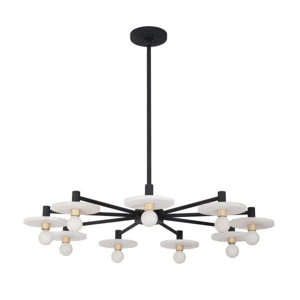 Upgrade your space with the Discus Collection. Inspired by the interplay of Alabaster discs and knurled gold hardware, the alabaster discs create a very modern yet natural ambiance, with bulbs appearing to float and circle above, all while offering the flexibility of use on lower ceilings. Collection: Discus Rooms: Living Room, Bedroom, Closet, Dining Room Finish: Matte Black Width: 34.00" Height: 50.00" Wire: 96" Rod: (1) 6", (1) 12", (1) 24" Canopy: 5"x0.75" Number of Bulbs: 9 Maximum Wattage: 40.00 W Bulb Type: Candelabra Bulb Base: Candelabra Dimmable Voltage: 120.00 V Material: Steel, Alabaster Country of Origin: Philippines Safety Listing: UL-cUL Safety Rating: Dry