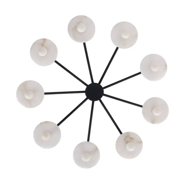 Upgrade your space with the Discus Collection. Inspired by the interplay of Alabaster discs and knurled gold hardware, the alabaster discs create a very modern yet natural ambiance, with bulbs appearing to float and circle above, all while offering the flexibility of use on lower ceilings. Collection: Discus Rooms: Living Room, Bedroom, Closet, Dining Room Finish: Matte Black Width: 34.00" Height: 50.00" Wire: 96" Rod: (1) 6", (1) 12", (1) 24" Canopy: 5"x0.75" Number of Bulbs: 9 Maximum Wattage: 40.00 W Bulb Type: Candelabra Bulb Base: Candelabra Dimmable Voltage: 120.00 V Material: Steel, Alabaster Country of Origin: Philippines Safety Listing: UL-cUL Safety Rating: Dry - alternate view