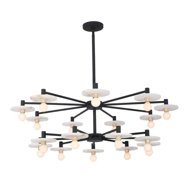 Upgrade your space with the Discus Collection. Inspired by the interplay of Alabaster discs and knurled gold hardware, the alabaster discs create a very modern yet natural ambiance, with bulbs appearing to float and circle above, all while offering the flexibility of use on lower ceilings. Collection: Discus Rooms: Foyer, Entryway, Stairwell, Finish: Matte Black Width: 42.00" Height: 58.25" Wire: 120" Rod: (1) 6", (1) 12", (1) 24" Canopy: 5"x0.75" Number of Bulbs: 18 Maximum Wattage: 40.00 W Bulb Type: Candelabra Bulb Base: Candelabra Dimmable Voltage: 120.00 V Material: Steel, Alabaster Country of Origin: Philippines Safety Listing: UL-cUL Safety Rating: Dry
