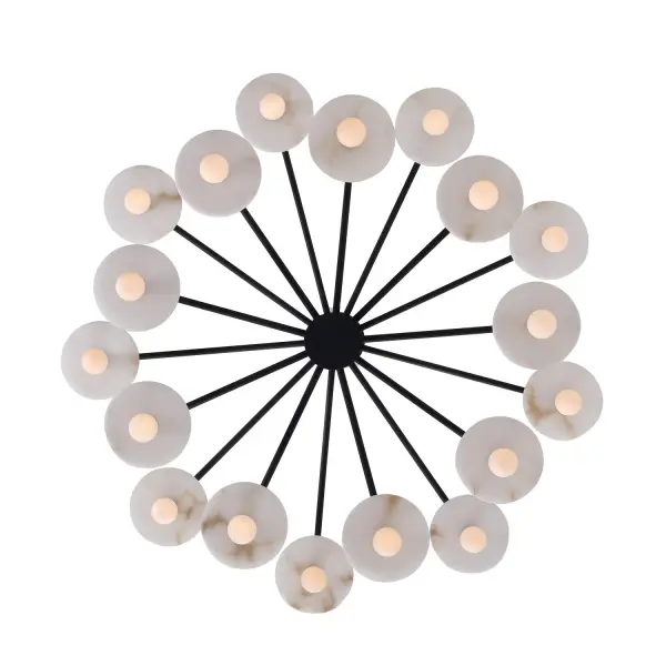 Upgrade your space with the Discus Collection. Inspired by the interplay of Alabaster discs and knurled gold hardware, the alabaster discs create a very modern yet natural ambiance, with bulbs appearing to float and circle above, all while offering the flexibility of use on lower ceilings. Collection: Discus Rooms: Foyer, Entryway, Stairwell, Finish: Matte Black Width: 42.00" Height: 58.25" Wire: 120" Rod: (1) 6", (1) 12", (1) 24" Canopy: 5"x0.75" Number of Bulbs: 18 Maximum Wattage: 40.00 W Bulb Type: Candelabra Bulb Base: Candelabra Dimmable Voltage: 120.00 V Material: Steel, Alabaster Country of Origin: Philippines Safety Listing: UL-cUL Safety Rating: Dry - alternate view