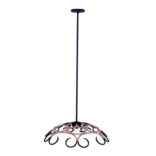 Inspired by wrought iron fences, the Ferrum pendant combines hand-forged curves wrapped in natural jute rope for a light, airy spin on heavier materials. Offered in a Matte Black finish for a modern twist on a classic shape. Collection: Ferrum Finish: Matte Black Width: 28.00" Height: 7.50" Weight: 12.00 lb Wire: 96" Rod: (1) 6", (1) 12", (1) 24" Canopy: 5.5"x1" Number of Bulbs: 1 Maximum Wattage: 40.00 W Bulb Type: E26 Bulb Base: E26 Medium Dimmable Voltage: 120.00 V Material: Iron and Jute Country of Origin: Philippines Safety Listing: UL/cUL Safety Rating: Dry