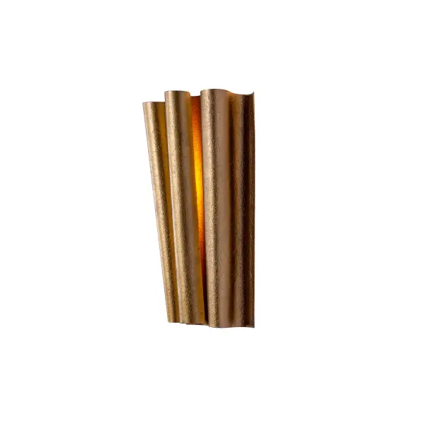 Ripple draws inspiration from textured and formed metal. Offset metal curtains allow for a gentle play of light, showcasing exquisite craftsmanship through its crimped metal surfaces, all elegantly finished in a hand applied Bright Gold. Collection: Ripple Rooms: Dining Room, Living Room, Bedroom, Hallway Finish: Bright Gold Leaf Width: 9.25" Height: 12.00" Extension from Wall: 5.25" Wire: 12" Canopy: 0.5"x9.25"x5" Number of Bulbs: 2 Maximum Wattage: 40.00 W Bulb Type: Candelabra Bulb Base: Candelabra Dimmable Voltage: 120.00 V Material: Steel Country of Origin: Philippines Safety Listing: UL-cUL Safety Rating: Dry - alternate view