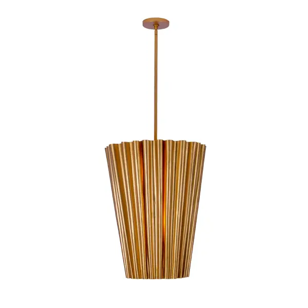 Ripple draws inspiration from textured and formed metal. Offset metal curtains allow for a gentle play of light, showcasing exquisite craftsmanship through its crimped metal surfaces, all elegantly finished in a hand applied Bright Gold. Collection: Ripple Rooms: Foyer, Living Room, Stairwell, Finish: Bright Gold Leaf Width: 20.25" Height: 26.00" Length: 69.50" Wire: 96" Rod: (1) 6", (1) 12", (1) 24" Canopy: 5.5"x0.75" Number of Bulbs: 6 Maximum Wattage: 40.00 W Bulb Type: Candelabra Bulb Base: Candelabra Dimmable Voltage: 120.00 V Material: Steel Country of Origin: Philippines Safety Listing: UL-cUL Safety Rating: Dry
