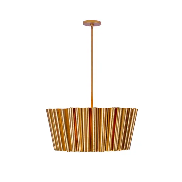 Ripple draws inspiration from textured and formed metal. Offset metal curtains allow for a gentle play of light, showcasing exquisite craftsmanship through its crimped metal surfaces, all elegantly finished in a hand applied Bright Gold. Collection: Ripple Rooms: Dining Room, Living Room Finish: Bright Gold Leaf Width: 27.25" Height: 12.00" Wire: 96" Rod: (1) 6", (1) 12", (1) 24" Canopy: 5.5"x0.75" Number of Bulbs: 6 Maximum Wattage: 40.00 W Bulb Type: Candelabra Bulb Base: Candelabra Dimmable Voltage: 120.00 V Material: Steel Country of Origin: Philippines Safety Listing: UL-cUL Safety Rating: Dry