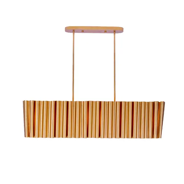 Ripple draws inspiration from textured and formed metal. Offset metal curtains allow for a gentle play of light, showcasing exquisite craftsmanship through its crimped metal surfaces, all elegantly finished in a hand applied Bright Gold. Collection: Ripple Rooms: Kitchen , Dining Room Finish: Bright Gold Leaf Width: 9.25" Height: 12.00" Length: 48.00" Weight: 34.00 lb Wire: 96" Rod: (2) 6", (2) 12", (2) 24" Canopy: 5"x1"x20" Number of Bulbs: 6 Maximum Wattage: 40.00 W Bulb Type: Candelabra Bulb Base: Candelabra Dimmable Voltage: 120.00 V Material: Steel Country of Origin: Philippines Safety Listing: UL-cUL Safety Rating: Dry