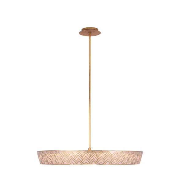 If you desire a lighitng fixture that beautifully combines structured geometry with the innate allure of natural Capiz, our Geo Collection designed by Vanessa DeLeon for Kalco Lighting is the perfect choice. Immerse yourself in the captivating Art Deco ambiance and be mesmerized by the handcrafted beauty of these exquisite fixtures with incorporated state-of-the-art LED technology and hand-applied gold leaf finishing. Collection: Geo Finish: Oxidized Gold Leaf Width: 39.00" Height: 6.00" Length: 42.00" Weight: 17.00 lb Extension from Wall: 42.00" Wire: 96" Rod: (1) 6", (1) 12", (1) 24" Canopy: 8.5"x1.5" Maximum Wattage: 29.00 W Bulb Type: Strip Bulb Base: Bendable Light Source: LED Light Output: 3240.00 lm Color Temperature: 3000 K CRI: 90 Dimmable Voltage: 120.00 V Material: Steel and Capiz Shell Country of Origin: Philippines Safety Listing: UL/cUL Safety Rating: Dry LED