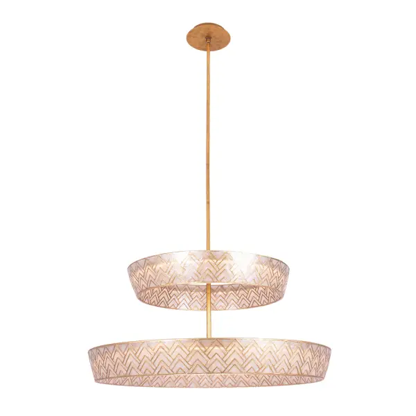 If you desire a lighitng fixture that beautifully combines structured geometry with the innate allure of natural Capiz, our Geo Collection designed by Vanessa DeLeon for Kalco Lighting is the perfect choice. Immerse yourself in the captivating Art Deco ambiance and be mesmerized by the handcrafted beauty of these exquisite fixtures with incorporated state-of-the-art LED technology and hand-applied gold leaf finishing. Collection: Geo Finish: Oxidized Gold Leaf Width: 39.00" Height: 18.00" Length: 42.00" Weight: 29.00 lb Extension from Wall: 42.00" Wire: 96" Rod: (1) 6", (1) 12", (1) 24" Canopy: 8.5"x1.5" Maximum Wattage: 49.00 W Bulb Type: Strip Bulb Base: Bendable Light Source: LED Light Output: 5400.00 lm Color Temperature: 3000 K CRI: 90 Dimmable Voltage: 120.00 V Material: Steel and Capiz Shell Country of Origin: Philippines Safety Listing: UL/cUL Safety Rating: Dry LED