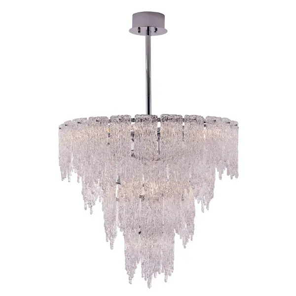 Gisel embraces the unconventional charm of uneven textures that add a touch of uniqueness to any space. Each piece is meticulously crafted to bring nature's marvels, such as icy rivers and their bewitching flows, right to your fingertips. You'll feel a sense of ae as light dances through the layers, casting a spellbinding reflection that captures attention and imagination. This collection is offered in a Polished Chrome finish. Collection: Gisel Finish: Polished Chrome Width: 32.00" Height: 36.00" Weight: 99.00 lb Wire: 96" Rod: (1) 6", (1) 12", (1) 24" Canopy: 5"x2" Number of Bulbs: 19 Maximum Wattage: 40.00 W Bulb Type: Candelabra Bulb Base: E12 Candelabra Dimmable Voltage: 120.00 V Material: Steel and Glass Country of Origin: China Safety Listing: cETL Safety Rating: Dry