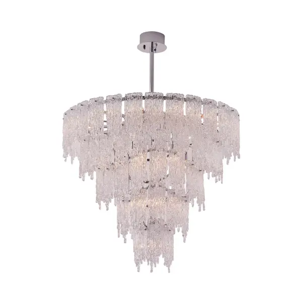 Gisel embraces the unconventional charm of uneven textures that add a touch of uniqueness to any space. Each piece is meticulously crafted to bring nature's marvels, such as icy rivers and their bewitching flows, right to your fingertips. You'll feel a sense of ae as light dances through the layers, casting a spellbinding reflection that captures attention and imagination. This collection is offered in a Polished Chrome finish. Collection: Gisel Finish: Polished Chrome Width: 40.00" Height: 42.00" Weight: 150.00 lb Wire: 120" Rod: (1) 6", (1) 12", (1) 24" Canopy: 5"x2" Number of Bulbs: 22 Maximum Wattage: 40.00 W Bulb Type: Candelabra Bulb Base: E12 Candelabra Dimmable Voltage: 120.00 V Material: Steel and Glass Country of Origin: China Safety Listing: cETL Safety Rating: Dry