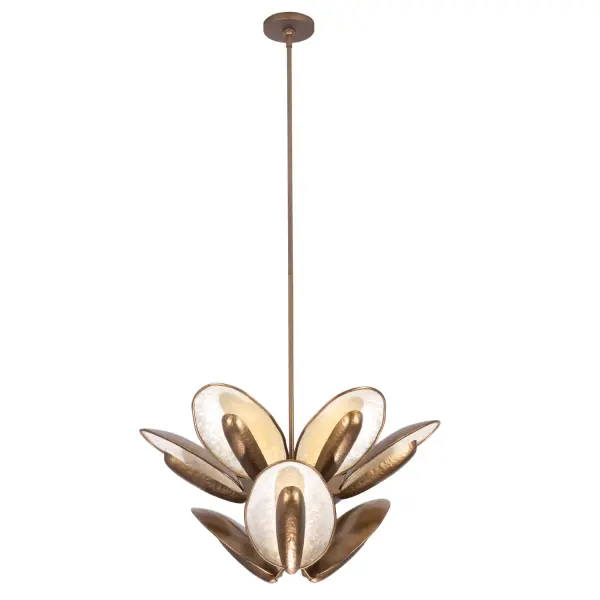 Drawing inspiration from the organic allure of oyster shells, the Spat Collection boasts an irregular natural edge and a shimmering capiz shell interior. Its innovative and replaceable driverless LED technology casts indirect light that reflects off the shells, creating a radiant ambiance. Finished in an elegant Pearlized Antique Brass, this lighting ensemble is crafted from high-quality, responsibly sourced, and sustainable natural materials. __________________ __________________ Collection: SPAT Finish: Pearlized Antique Brass Width: 27.00" Height: 15.50" Weight: 21.00 lb Wire: 96" Rod: (1) 6", (1) 12", (1) 24" Canopy: 5.5"x1" Bulbs Included Number of Bulbs: 9 Maximum Wattage: 12.00 W Bulb Type: LED Light Source: LED Light Output: 8100.00 lm Color Temperature: 3000 K CRI: 90 Dimmable Voltage: 120.00 V Material: Steel And Capiz Country of Origin: Philippines Safety Listing: UL-cUL Safety Rating: DRY LED