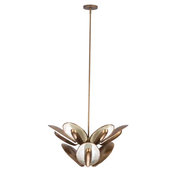 Drawing inspiration from the organic allure of oyster shells, the Spat Collection boasts an irregular natural edge and a shimmering capiz shell interior. Its innovative and replaceable driverless LED technology casts indirect light that reflects off the shells, creating a radiant ambiance. Finished in an elegant Pearlized Antique Brass, this lighting ensemble is crafted from high-quality, responsibly sourced, and sustainable natural materials. __________________ __________________ Collection: SPAT Finish: Pearlized Antique Brass Width: 27.00" Height: 15.50" Weight: 21.00 lb Wire: 96" Rod: (1) 6", (1) 12", (1) 24" Canopy: 5.5"x1" Bulbs Included Number of Bulbs: 9 Maximum Wattage: 12.00 W Bulb Type: LED Light Source: LED Light Output: 8100.00 lm Color Temperature: 3000 K CRI: 90 Dimmable Voltage: 120.00 V Material: Steel And Capiz Country of Origin: Philippines Safety Listing: UL-cUL Safety Rating: DRY LED - alternate view