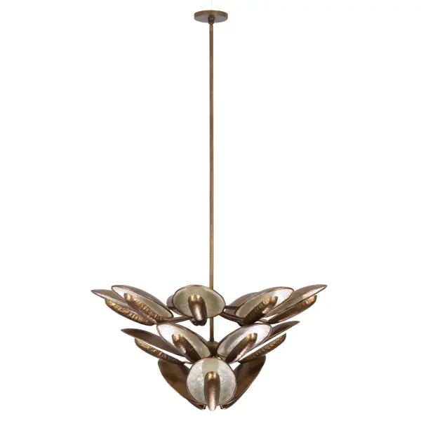 Drawing inspiration from the organic allure of oyster shells, the Spat Collection boasts an irregular natural edge and a shimmering capiz shell interior. Its innovative and replaceable driverless LED technology casts indirect light that reflects off the shells, creating a radiant ambiance. Finished in an elegant Pearlized Antique Brass, this lighting ensemble is crafted from high-quality, responsibly sourced, and sustainable natural materials. __________________ __________________ Collection: SPAT Finish: Pearlized Antique Brass Width: 37.00" Height: 22.00" Weight: 30.00 lb Wire: 96" Rod: (1) 6", (1) 12", (1) 24" Canopy: 5.5"x1" Bulbs Included Maximum Wattage: 12.00 W Bulb Type: LED Light Source: LED Light Output: 16200.00 lm Color Temperature: 3000 K CRI: 90 Dimmable Voltage: 120.00 V Material: Steel And Capiz Country of Origin: Philippines Safety Listing: UL-cUL Safety Rating: DRY LED - alternate view