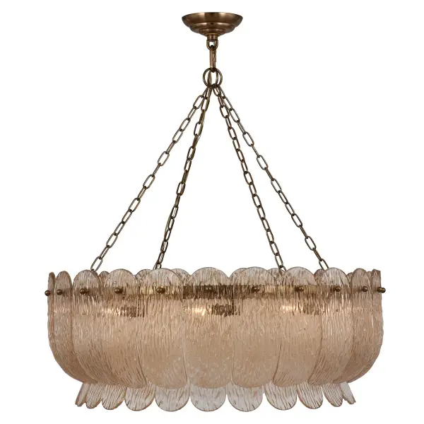 The Camellia Collection draws inspiration from vintage designs and a modern interpretation of the Camellia flower. Made from glass, this pendant light with a feminine touch will instantly create a soft ambiance and infuse the space with a blend of classic charm and contemporary style. The piece is completed with an elegant Winter Brass (WB) finish, adding a touch of luxury. Collection: Camellia Finish: Winter Brass Width: 36.00" Height: 14.00" Weight: 102.00 lb Chain: 96" Wire: 156" Canopy: 6.5"x2" Number of Bulbs: 10 Maximum Wattage: 40.00 W Bulb Type: Candelabra Bulb Base: E12 Candelabra Dimmable Voltage: 120.00 V Material: Iron Glass Country of Origin: China Safety Listing: ETL-CETL Safety Rating: Dry