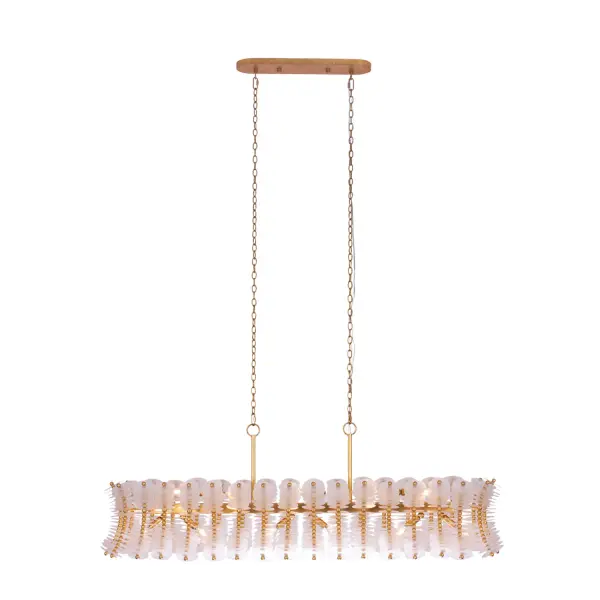 The Gossamer Collection was inspired by ruffled organza silk. Textures of layering flat pieces of raw Capiz Shell show the beauty of their natural edges and the wooden Gmelina bead spacers add structure and visual lines. This soft yet structured design is available in an Oxidized Gold Leaf finish and is equipped with 8 feet of chain. Collection: Gossamer Finish: Oxidized Gold Leaf Width: 12.00" Height: 12.00" Length: 60.00" Weight: 30.00 lb Extension from Wall: 96.00" Chain: 96" Wire: 96" Canopy: 5"x1"x20" Number of Bulbs: 12 Maximum Wattage: 40.00 W Bulb Type: E26 Bulb Base: E26 Medium Dimmable Voltage: 120.00 V Material: Steel and Capiz Shell and Gmelina Beads Country of Origin: Philippines Safety Listing: UL/cUL Safety Rating: Dry