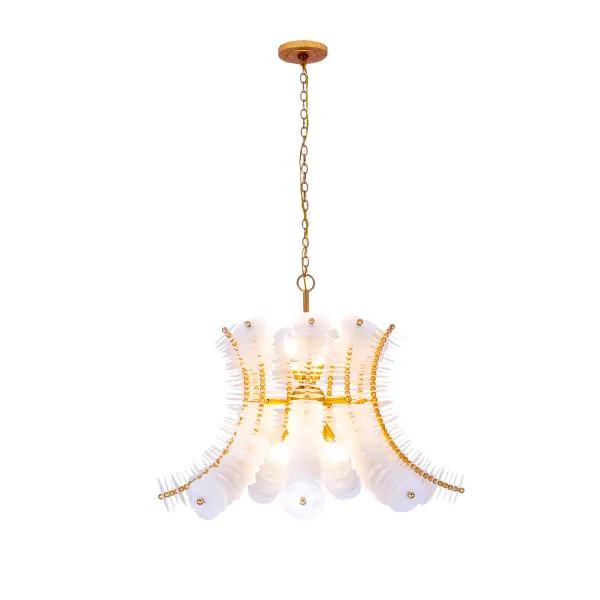 The Gossamer family of lighting was inspired by ruffled organza silk. Textures layering flat pieces of raw Capiz shell show the beauty of their natural edges and the wooden Gmelina bead spacers add structure and visual lines. This soft yet structured design is available in an Oxidized Gold Leaf finish and is equipped with an 8-foot chain. Collection: Gossamer Rooms: Bedroom, Dining Room, Living Room, Closet Finish: Oxidized Gold Leaf Width: 32.00" Height: 27.00" Weight: 25.00 lb Chain: 96" Wire: 156" Canopy: 5.5"x0.75" Number of Bulbs: 12 Maximum Wattage: 40.00 W Bulb Type: E12 Bulb Base: E12 Candelabra Dimmable Voltage: 120.00 V Material: Capiz, Steel |Gemilia Beads Country of Origin: Philippines Safety Listing: UL-cUL Safety Rating: Dry