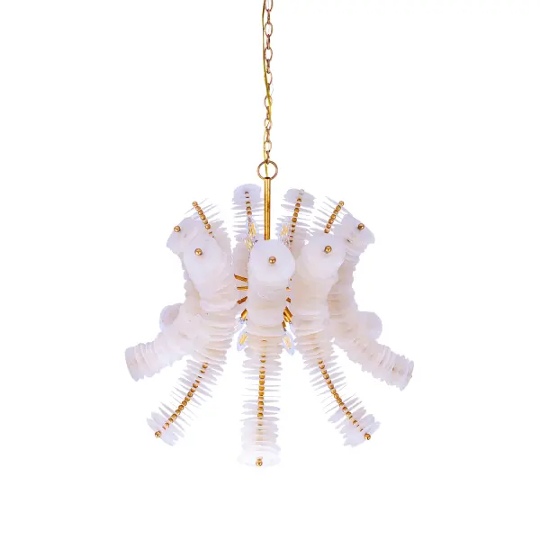 The Gossamer family of lighting was inspired by ruffled organza silk. Textures layering flat pieces of raw Capiz shell show the beauty of their natural edges and the wooden Gmelina bead spacers add structure and visual lines. This soft yet structured design is available in an Oxidized Gold Leaf finish and is equipped with an 8-foot chain. Collection: Gossamer Rooms: Bedroom, Dining Room, Living Room, Closet Finish: Oxidized Gold Leaf Width: 32.00" Height: 27.00" Weight: 25.00 lb Chain: 96" Wire: 156" Canopy: 5.5"x0.75" Number of Bulbs: 12 Maximum Wattage: 40.00 W Bulb Type: E12 Bulb Base: E12 Candelabra Dimmable Voltage: 120.00 V Material: Capiz, Steel |Gemilia Beads Country of Origin: Philippines Safety Listing: UL-cUL Safety Rating: Dry - alternate view