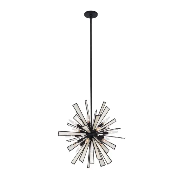 Radiance showcases natural Capiz Shell panels reflecting light in all directions for a dazzling effect. Each unique panel is securely held in place by a Matte Black frame creating a rich earth-toned star-inspired fixture. Collection: Radiance Finish: Matte Black Width: 26.00" Height: 24.00" Weight: 15.00 lb Wire: 96" Rod: (1) 6", (1) 12", (1) 24" Canopy: 5.5"x0.75" Number of Bulbs: 18 Maximum Wattage: 40.00 W Bulb Type: Candelabra Bulb Base: E12 Candelabra Dimmable Voltage: 120.00 V Material: Steel and Capiz Shell Country of Origin: Philippines Safety Listing: UL/cUL Safety Rating: Dry