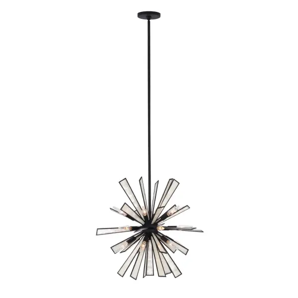 Radiance showcases natural Capiz Shell panels reflecting light in all directions for a dazzling effect. Each unique panel is securely held in place by a Matte Black frame creating a rich earth-toned star-inspired fixture. Collection: Radiance Finish: Matte Black Width: 26.00" Height: 24.00" Weight: 15.00 lb Wire: 96" Rod: (1) 6", (1) 12", (1) 24" Canopy: 5.5"x0.75" Number of Bulbs: 18 Maximum Wattage: 40.00 W Bulb Type: Candelabra Bulb Base: E12 Candelabra Dimmable Voltage: 120.00 V Material: Steel and Capiz Shell Country of Origin: Philippines Safety Listing: UL/cUL Safety Rating: Dry - alternate view