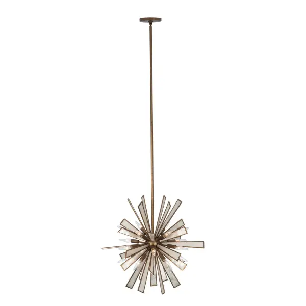 Radiance showcases natural Capiz Shell panels reflecting light in all directions for a dazzling effect. Each unique panel is securely held in place by a Pearlized Antique Brass frame creating a rich earth-toned star-inspired fixture. Collection: Radiance Finish: Pearlized Antique Brass Width: 26.00" Height: 24.00" Weight: 15.00 lb Wire: 96" Rod: (1) 6", (1) 12", (1) 24" Canopy: 5.5"x0.75" Number of Bulbs: 18 Maximum Wattage: 40.00 W Bulb Type: Candelabra Bulb Base: E12 Candelabra Dimmable Voltage: 120.00 V Material: Steel and Capiz Shell Country of Origin: Philippines Safety Listing: UL/cUL Safety Rating: Dry