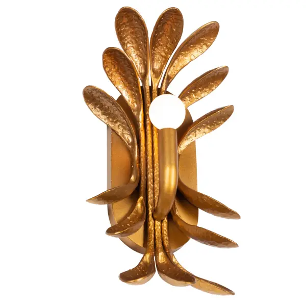 Botanica playfully blends nature and art for a visually captivating design. Repeating complex shapes create intriguing gradients of light that seem to defy physics making this fixture appear light and airy. Finished in a Warm Gold for a contemporary vibe. Collection: BOTANICA Finish: Warm Gold Width: 8.50" Height: 16.00" Weight: 8.00 lb Extension from Wall: 4.50" Wire: 8" Canopy: 5"x0.75"x10" Number of Bulbs: 1 Maximum Wattage: 40.00 W Bulb Type: Candelabra Bulb Base: E12 Candelabra Dimmable Voltage: 120.00 V Material: Forged Iron Country of Origin: Philippines Safety Listing: UL-cUL Safety Rating: DRY - alternate view