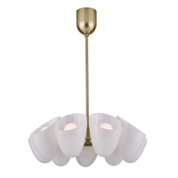 Drawing inspiration from silk cocoons, the Cocoon Collection showcases organically angled oval forms paired with Sakura Pink glass, delicately backed by a layer of soft white glass. Featuring a G30 globe light bulb, the design elegantly blends softness with geometric precision. Each piece is meticulously handcrafted from stainless steel and finished in a refined Winter Brass. Collection: Cocoon Finish: Winter Brass Width: 28.00" Height: 20.25" Length: 28.00" Rod: (1) 6" / (1) 12" / (1) 24" Canopy: 5"x6" Number of Bulbs: 9 Maximum Wattage: 40.00 W Bulb Base: E26 Medium Dimmable Voltage: 120.00 V Material: Iron, Glass Country of Origin: China Safety Rating: Damp Instructions