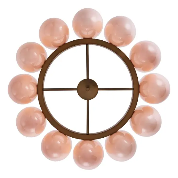 Drawing inspiration from silk cocoons, the Cocoon Collection showcases organically angled oval forms paired with Sakura Pink glass, delicately backed by a layer of soft white glass. Featuring a G30 globe light bulb, the design elegantly blends softness with geometric precision. Each piece is meticulously handcrafted from stainless steel and finished in a refined Winter Brass. _________________ Collection: COCOON Finish: Winter Brass Width: 36.00" Height: 20.50" Weight: 44.00 lb Wire: 96" Rod: (1) 6", (1) 12", (1) 24" Canopy: 5"x6" Number of Bulbs: 12 Maximum Wattage: 40.00 W Bulb Type: E26 Bulb Base: E26 Medium Dimmable Voltage: 120.00 V Material: Iron and Glass Country of Origin: China Safety Listing: ETL-CETL Safety Rating: DAMP - alternate view
