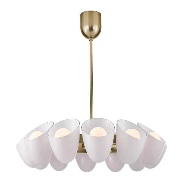 Drawing inspiration from silk cocoons, the Cocoon Collection showcases organically angled oval forms paired with Sakura Pink glass, delicately backed by a layer of soft white glass. Featuring a G30 globe light bulb, the design elegantly blends softness with geometric precision. Each piece is meticulously handcrafted from stainless steel and finished in a refined Winter Brass. Collection: Cocoon Finish: Winter Brass Width: 36.00" Height: 20.25" Length: 36.00" Rod: (1) 6" / (1) 12" / (1) 24" Canopy: 5"x6" Number of Bulbs: 12 Maximum Wattage: 40.00 W Bulb Base: E26 Medium Dimmable Voltage: 120.00 V Material: Iron, Glass Country of Origin: China Safety Rating: Damp Instructions