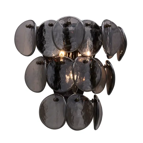 Illuminate your space with our fish scale inspired Uroko collection. Glass discs are expertly crafted to provide a subtle yet striking lighting effect, creating a warm and inviting ambiance wherever it is placed. The Glossy Warm Black Nickel finish and shimmering glass make this fixture a focal point in any room. _________________ Collection: UROKO Finish: Black Nickel Width: 12.00" Height: 12.00" Length: 12.00" Weight: 9.00 lb Extension from Wall: 6.00" Wire: 12" Canopy: 7.5"x1"x9" Number of Bulbs: 3 Maximum Wattage: 40.00 W Bulb Type: Candelabra Bulb Base: E12 Candelabra Dimmable Voltage: 120.00 V Material: Iron Glass Country of Origin: China Safety Listing: UL-cUL Safety Rating: DAMP