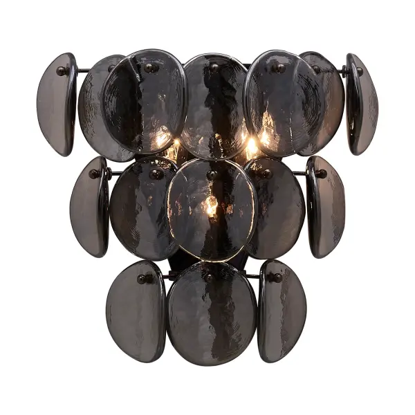 Illuminate your space with our fish scale inspired Uroko collection. Glass discs are expertly crafted to provide a subtle yet striking lighting effect, creating a warm and inviting ambiance wherever it is placed. The Glossy Warm Black Nickel finish and shimmering glass make this fixture a focal point in any room. _________________ Collection: UROKO Finish: Black Nickel Width: 12.00" Height: 12.00" Length: 12.00" Weight: 9.00 lb Extension from Wall: 6.00" Wire: 12" Canopy: 7.5"x1"x9" Number of Bulbs: 3 Maximum Wattage: 40.00 W Bulb Type: Candelabra Bulb Base: E12 Candelabra Dimmable Voltage: 120.00 V Material: Iron Glass Country of Origin: China Safety Listing: UL-cUL Safety Rating: DAMP - alternate view