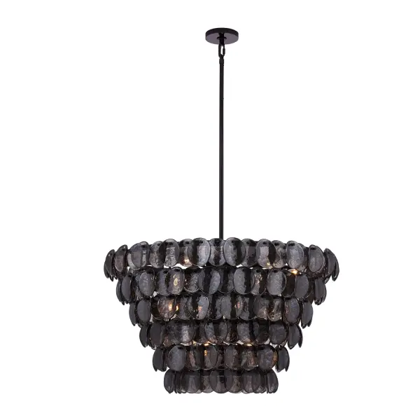 Illuminate your space with our fish scale inspired Uroko collection. Glass discs are expertly crafted to provide a subtle yet striking lighting effect, creating a warm and inviting ambiance wherever it is placed. The Glossy Warm Black Nickel finish and shimmering glass make this fixture a focal point in any room. _________________ Collection: UROKO Finish: Black Nickel Width: 34.00" Height: 31.00" Weight: 86.00 lb Wire: 156" Rod: (1) 6", (1) 12", (1) 24" Canopy: 5"x1" Number of Bulbs: 14 Maximum Wattage: 40.00 W Bulb Type: Candelabra Bulb Base: E12 Candelabra Dimmable Voltage: 120.00 V Material: Iron Glass Country of Origin: China Safety Listing: UL-cUL Safety Rating: DAMP