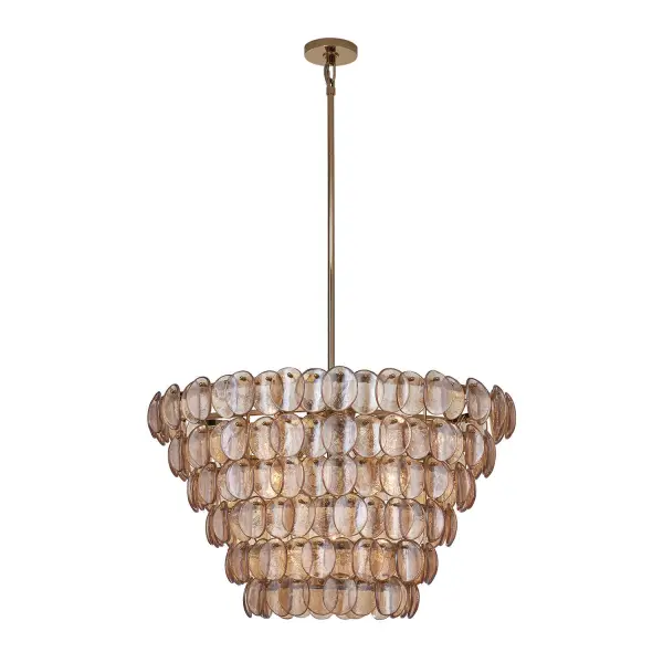 Illuminate your space with our fish scale inspired Uroko collection. Glass discs are expertly crafted to provide a subtle yet striking lighting effect, creating a warm and inviting ambiance wherever it is placed. The Glossy Warm Brass finish and shimmering glass make this fixture a focal point in any room. Collection: Uroko Finish: Polished Winter Brass Width: 34.00" Height: 21.00" Weight: 86.00 lb Wire: 96" Rod: (1) 6", (1) 12", (1) 24" Canopy: 5"x1" Number of Bulbs: 14 Maximum Wattage: 40.00 W Bulb Type: Candelabra Bulb Base: E12 Candelabra Dimmable Voltage: 120.00 V Material: Steel and Glass Country of Origin: China Safety Listing: cETL Safety Rating: Dry