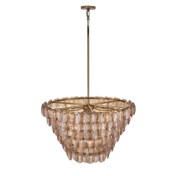 Illuminate your space with our fish scale inspired Uroko collection. Glass discs are expertly crafted to provide a subtle yet striking lighting effect, creating a warm and inviting ambiance wherever it is placed. The Glossy Warm Brass finish and shimmering glass make this fixture a focal point in any room. Collection: Uroko Finish: Polished Winter Brass Width: 34.00" Height: 21.00" Weight: 86.00 lb Wire: 96" Rod: (1) 6", (1) 12", (1) 24" Canopy: 5"x1" Number of Bulbs: 14 Maximum Wattage: 40.00 W Bulb Type: Candelabra Bulb Base: E12 Candelabra Dimmable Voltage: 120.00 V Material: Steel and Glass Country of Origin: China Safety Listing: cETL Safety Rating: Dry - alternate view