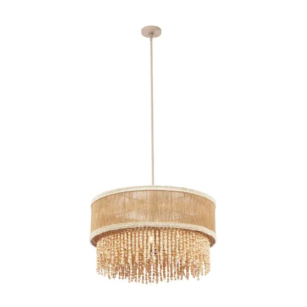 Crafted from an exquisite blend of natural materials, the Naturale Collection introduces a light and visually inviting coastal appeal. This collection showcases hand-wrapped Jute rope, wooden moon-shaped beads, and textured coco bead bands adorning the top and bottom rims of the shade. Each piece, meticulously handmade in a neutral color palette, seamlessly integrates into most nature-inspired spaces, embodying a Biophilic design aesthetic. The collection is beautifully finished in a natural Jute hue. _________________ Collection: NATURALE Finish: Jute Width: 28.00" Height: 16.00" Weight: 17.00 lb Wire: 96" Rod: (1) 6", (1) 12", (1) 24" Canopy: 5"x1" Number of Bulbs: 6 Maximum Wattage: 40.00 W Bulb Type: Candelabra Bulb Base: E12 Candelabra Dimmable Voltage: 120.00 V Material: Steel Coco Bead Gmelina Wood Jute Country of Origin: Philippines Safety Listing: UL-cUL Safety Rating: DRY