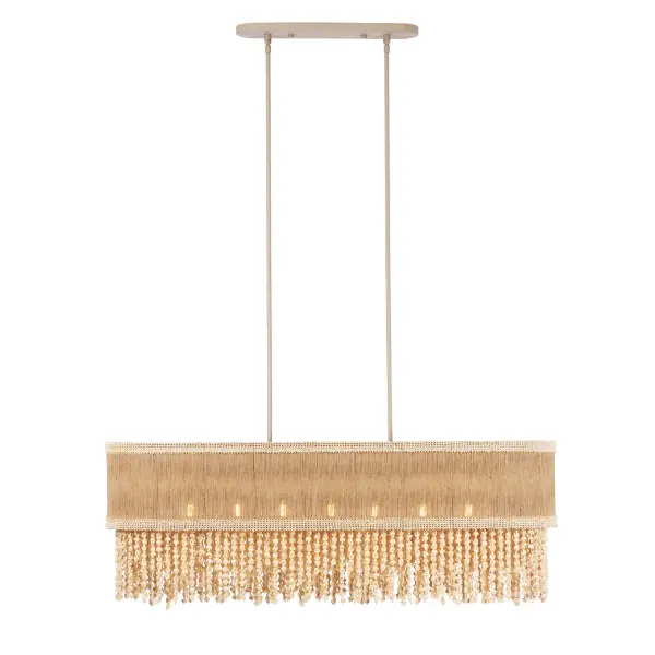 Crafted from an exquisite blend of natural materials, the Naturale Collection introduces a light and visually inviting coastal appeal. This collection showcases hand-wrapped Jute rope, wooden moon-shaped beads, and textured coco bead bands adorning the top and bottom rims of the shade. Each piece, meticulously handmade in a neutral color palette, seamlessly integrates into most nature-inspired spaces, embodying a Biophilic design aesthetic. The collection is beautifully finished in a natural Jute hue. _________________ Collection: NATURALE Finish: Jute Width: 12.00" Height: 16.00" Length: 48.00" Weight: 26.00 lb Wire: 156" Rod: (2) 6", (2) 12", (2) 24" Canopy: 20"x1"x5" Number of Bulbs: 7 Maximum Wattage: 40.00 W Bulb Type: Candelabra Bulb Base: E12 Candelabra Dimmable Voltage: 120.00 V Material: Steel Coco Beads Gmelina Wood Jute Country of Origin: Philippines Safety Listing: UL-cUL Safety Rating: DRY