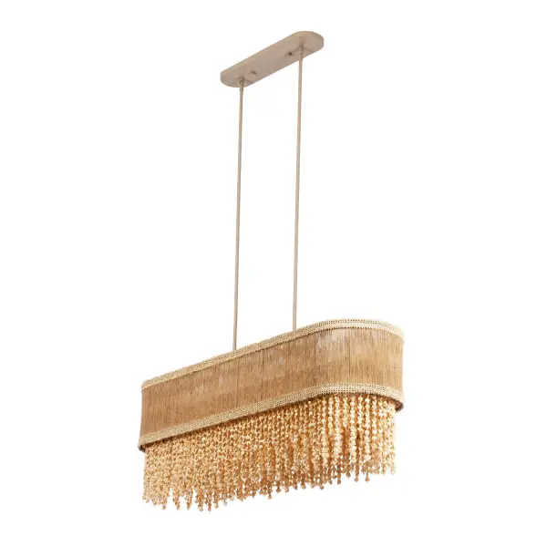 Crafted from an exquisite blend of natural materials, the Naturale Collection introduces a light and visually inviting coastal appeal. This collection showcases hand-wrapped Jute rope, wooden moon-shaped beads, and textured coco bead bands adorning the top and bottom rims of the shade. Each piece, meticulously handmade in a neutral color palette, seamlessly integrates into most nature-inspired spaces, embodying a Biophilic design aesthetic. The collection is beautifully finished in a natural Jute hue. _________________ Collection: NATURALE Finish: Jute Width: 12.00" Height: 16.00" Length: 48.00" Weight: 26.00 lb Wire: 156" Rod: (2) 6", (2) 12", (2) 24" Canopy: 20"x1"x5" Number of Bulbs: 7 Maximum Wattage: 40.00 W Bulb Type: Candelabra Bulb Base: E12 Candelabra Dimmable Voltage: 120.00 V Material: Steel Coco Beads Gmelina Wood Jute Country of Origin: Philippines Safety Listing: UL-cUL Safety Rating: DRY - alternate view