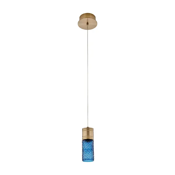Inspired by the traditional Japanese craft of Edo Kiriko, the indigo colored 24% lead crystal diffusers of this fixture family features precise, herringbone cuts that reveal a clear layer underneath. The aluminum, Winter Brass (WB) body holds each glass in place, and the LED light sources provide ample downlight, adding a functional, yet colorful statement fixture to any space. Collection: Kiriko Finish: Winter Brass Width: 6.00" Height: 8.50" Length: 6.00" Weight: 5.00 lb Wire: 96" Canopy: 2"x6" Bulbs Included Number of Bulbs: 1 Maximum Wattage: 6.00 W Light Source: LED Light Output: 500.00 lm Color Temperature: 2700 K CRI: 90 Dimmable Voltage: 120.00 V Material: Iron, Brass, Aluminum, Crystal Country of Origin: China Safety Rating: Dry Switch: Correlated Color Temperature LED Instructions - alternate view