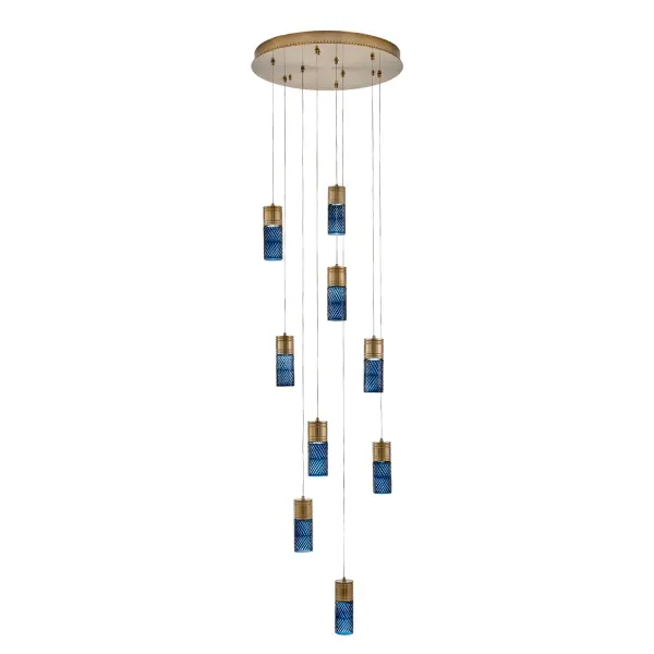 Inspired by the traditional Japanese craft of Edo Kiriko, the indigo colored 24% lead crystal diffusers of this fixture family features precise, herringbone cuts that reveal a clear layer underneath. The aluminum, Winter Brass (WB) body holds each glass in place, and the LED light sources provide ample downlight, adding a functional, yet colorful statement fixture to any space. Collection: Kiriko Finish: Winter Brass Width: 24.00" Height: 8.50" Length: 24.00" Weight: 48.00 lb Wire: 156" Canopy: 2"x24" Bulbs Included Number of Bulbs: 9 Maximum Wattage: 6.00 W Light Source: LED Light Output: 500.00 lm Color Temperature: 2700 K CRI: 90 Dimmable Voltage: 120.00 V Material: Iron, Brass, Aluminum, Crystal Country of Origin: China Safety Rating: Dry Switch: Correlated Color Temperature LED Instructions