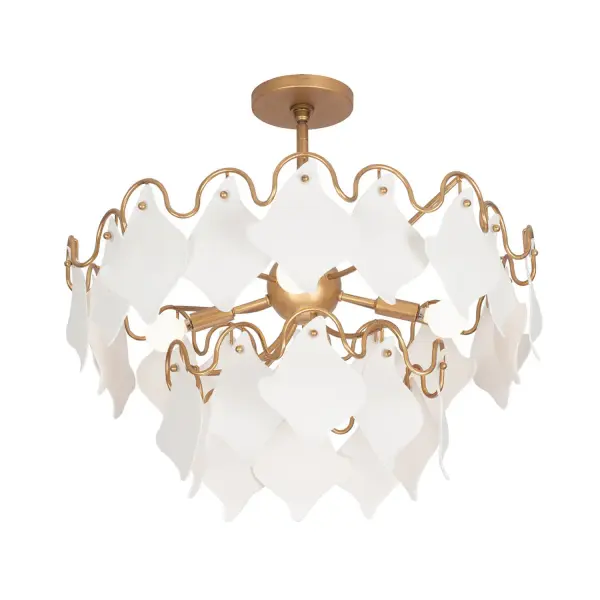 The Manta Collection earns its name from the uniquely Manta Ray inspired shaped bone china. Each layer of these pieces allows light to filter through, creating a captivating visual overlap. The structure features a steel ring frame adorned with deep, wavy arches that gracefully dip between each threaded stud, where the rays are suspended and secured by a decorative ball detail. Completing the sophisticated look is the Modern Gold frame and hardware. _________________ Collection: MANTA Finish: Modern Gold Width: 25.00" Height: 22.00" Weight: 9.00 lb Wire: 96" Rod: (1) 6", (1) 12", (1) 24" Canopy: 5"x1" Number of Bulbs: 4 Maximum Wattage: 40.00 W Bulb Type: Candelabra Bulb Base: E12 Candelabra Dimmable Voltage: 120.00 V Material: Steel Bone China Country of Origin: Phillippines Safety Listing: UL-cUL Safety Rating: DRY - alternate view