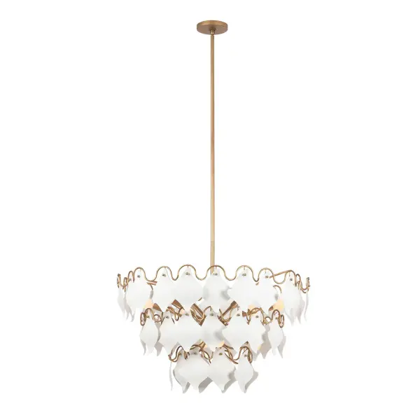 The Manta Collection earns its name from the uniquely Manta Ray inspired shaped bone china. Each layer of these pieces allows light to filter through, creating a captivating visual overlap. The structure features a steel ring frame adorned with deep, wavy arches that gracefully dip between each threaded stud, where the rays are suspended and secured by a decorative ball detail. Completing the sophisticated look is the Modern Gold frame and hardware. _________________ Collection: MANTA Finish: Modern Gold Width: 32.00" Height: 19.50" Weight: 15.00 lb Wire: 96" Rod: (1) 6", (1) 12", (1) 24" Canopy: 5"x1" Number of Bulbs: 10 Maximum Wattage: 40.00 W Bulb Type: Candelabra Bulb Base: E12 Candelabra Dimmable Voltage: 120.00 V Material: Steel Bone China Country of Origin: Phillipines Safety Listing: UL-cUL Safety Rating: DRY