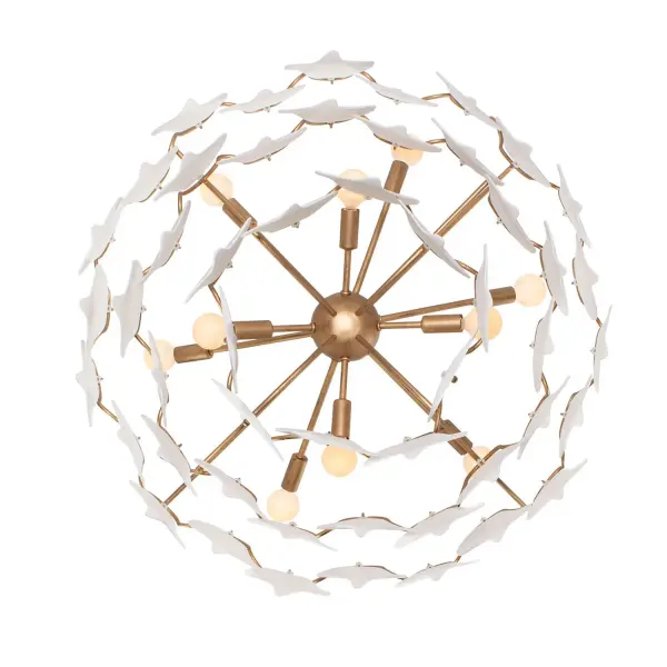 The Manta Collection earns its name from the uniquely Manta Ray inspired shaped bone china. Each layer of these pieces allows light to filter through, creating a captivating visual overlap. The structure features a steel ring frame adorned with deep, wavy arches that gracefully dip between each threaded stud, where the rays are suspended and secured by a decorative ball detail. Completing the sophisticated look is the Modern Gold frame and hardware. _________________ Collection: MANTA Finish: Modern Gold Width: 32.00" Height: 19.50" Weight: 15.00 lb Wire: 96" Rod: (1) 6", (1) 12", (1) 24" Canopy: 5"x1" Number of Bulbs: 10 Maximum Wattage: 40.00 W Bulb Type: Candelabra Bulb Base: E12 Candelabra Dimmable Voltage: 120.00 V Material: Steel Bone China Country of Origin: Phillipines Safety Listing: UL-cUL Safety Rating: DRY - alternate view