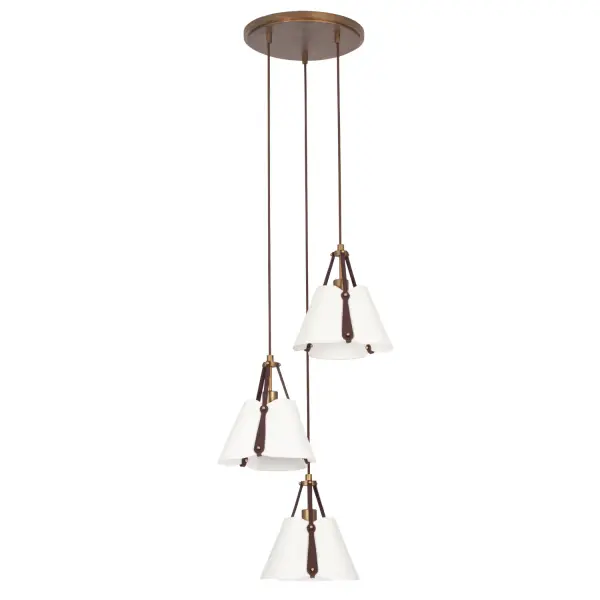 Celebrate the timeless elegance of this contemporary fixture, perfect for compact spaces. The Embrace Collection draws inspiration from delicate fabric, and the bone china shade is accented with rich mahogany leather straps and a sleek, dark brown cord, allowing light to filter through and highlight its textured surface. The canopy and hardware boast a Pearlized Antique Brass finish, adding a touch of sophistication. _________________ Collection: EMBRACE Finish: Pearlized Antique Brass Width: 20.50" Height: 12.00" Weight: 16.00 lb Wire: 96" Canopy: 14"x1" Number of Bulbs: 3 Maximum Wattage: 40.00 W Bulb Type: E26 Bulb Base: E26 Medium Dimmable Voltage: 120.00 V Material: Steel Bone China Leather Country of Origin: Philippines Safety Listing: UL-cUL Safety Rating: DRY