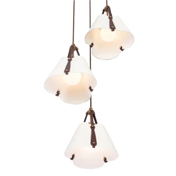 Celebrate the timeless elegance of this contemporary fixture, perfect for compact spaces. The Embrace Collection draws inspiration from delicate fabric, and the bone china shade is accented with rich mahogany leather straps and a sleek, dark brown cord, allowing light to filter through and highlight its textured surface. The canopy and hardware boast a Pearlized Antique Brass finish, adding a touch of sophistication. _________________ Collection: EMBRACE Finish: Pearlized Antique Brass Width: 20.50" Height: 12.00" Weight: 16.00 lb Wire: 96" Canopy: 14"x1" Number of Bulbs: 3 Maximum Wattage: 40.00 W Bulb Type: E26 Bulb Base: E26 Medium Dimmable Voltage: 120.00 V Material: Steel Bone China Leather Country of Origin: Philippines Safety Listing: UL-cUL Safety Rating: DRY - alternate view