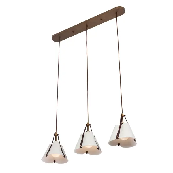 Celebrate the timeless elegance of this contemporary fixture, perfect for compact spaces. The Embrace Collection draws inspiration from delicate fabric, and the bone china shade is accented with rich mahogany leather straps and a sleek, dark brown cord, allowing light to filter through and highlight its textured surface. The canopy and hardware boast a Pearlized Antique Brass finish, adding a touch of sophistication. _________________ Collection: EMBRACE Finish: Pearlized Antique Brass Width: 11.00" Height: 12.00" Length: 43.50" Weight: 19.00 lb Wire: 96" Canopy: 5"x1"x40" Number of Bulbs: 3 Maximum Wattage: 40.00 W Bulb Type: E26 Bulb Base: E26 Medium Dimmable Voltage: 120.00 V Material: Steel Bone China Leather Country of Origin: Philippines Safety Listing: UL-cUL Safety Rating: DRY - alternate view
