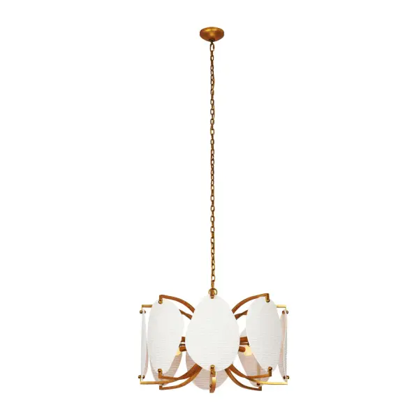 Soft light filters through the gracefully arched bone china panels, casting a serene glow. Drawing inspiration from angel wing shells, the Aliform Collection is an ideal fit for coastal-themed interiors. This easy to assemble collection showcases the precise, sharp edges of the aluminum frame, and the hand-finished Oxidized Gold leaf that exudes a refined elegance. _________________ Collection: ALIFORM Finish: Oxidized Gold Leaf Width: 28.00" Height: 18.50" Weight: 26.00 lb Wire: 96" Canopy: 5"x1.5" Number of Bulbs: 8 Maximum Wattage: 40.00 W Bulb Type: Candelabra Bulb Base: E12 Candelabra Dimmable Voltage: 120.00 V Material: Steel Aluminum Bone China Country of Origin: Philippines Safety Listing: UL-cUL Safety Rating: DRY