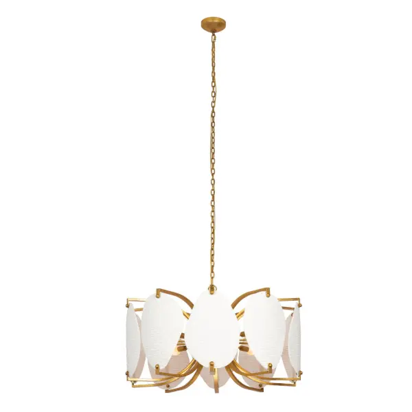 Soft light filters through the gracefully arched bone china panels, casting a serene glow. Drawing inspiration from angel wing shells, the Aliform Collection is an ideal fit for coastal-themed interiors. This easy to assemble collection showcases the precise, sharp edges of the aluminum frame, and the hand-finished Oxidized Gold leaf that exudes a refined elegance. _________________ Collection: ALIFORM Finish: Oxidized Gold Leaf Width: 34.00" Height: 18.50" Weight: 30.00 lb Wire: 104" Canopy: 5"x1.5" Number of Bulbs: 10 Maximum Wattage: 40.00 W Bulb Type: Candelabra Bulb Base: E12 Candelabra Dimmable Voltage: 120.00 V Material: Steel Aluminum Bone China Country of Origin: Philippines Safety Listing: UL-cUL Safety Rating: DRY
