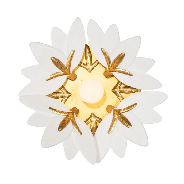 The Bloom Collection offers an abstract rendition of Lotus flowers, featuring double-layered bone china petals that create varying degrees of translucency. Adorned with a hand-applied Oxidized Gold Leaf finish, the metal clips securing the petals and the wavy rings evoke a serene ripple effect, reminiscent of a tranquil pond. The wall sconce, with its light and airy aesthetic, can also be effortlessly transformed into a ceiling flush mount. _________________ Collection: BLOOM Finish: Oxidized Gold Leaf Width: 12.00" Height: 12.00" Weight: 5.00 lb Extension from Wall: 5.00" Wire: 8" Canopy: 8"x1" Number of Bulbs: 1 Maximum Wattage: 40.00 W Bulb Type: Candelabra Bulb Base: E12 Candelabra Dimmable Voltage: 120.00 V Material: Steel Bone China Country of Origin: Phillipenes Safety Listing: UL-cUL Safety Rating: DRY