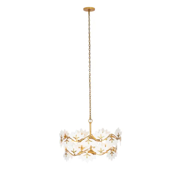 The Bloom Collection offers an abstract rendition of Lotus flowers, featuring double-layered bone china petals that create varying degrees of translucency. Adorned with a hand-applied Oxidized Gold Leaf finish, the metal clips securing the petals and the wavy rings evoke a serene ripple effect, reminiscent of a tranquil pond. The wall sconce, with its light and airy aesthetic, can also be effortlessly transformed into a ceiling flush mount. _________________ Collection: BLOOM Finish: Oxidized Gold Leaf Width: 28.00" Height: 19.00" Weight: 23.00 lb Chain: 48" Wire: 96" Canopy: 6"x1" Number of Bulbs: 11 Maximum Wattage: 40.00 W Bulb Type: Candelabra Bulb Base: E12 Candelabra Dimmable Voltage: 120.00 V Material: Steel Bone China Country of Origin: Phillipenes Safety Listing: UL-cUL Safety Rating: DRY
