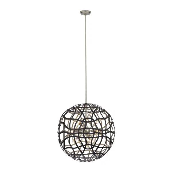 The Entice pendant's straightforward form beautifully highlights the meticulous craftsmanship evident in the intricate metalwork at every junction. Forged from steel and adorned with a dual-tone finish of Matte Black and Tarnished Silver (BTS), this piece exudes a moody yet organic design aesthetic. _________________ Collection: ENTICE Finish: Matte Black / Tarnish Silver Width: 28.00" Height: 28.00" Weight: 34.00 lb Wire: 96" Rod: (1) 6", (1) 12", (1) 24" Canopy: 5.5"x1.5" Number of Bulbs: 13 Maximum Wattage: 40.00 W Bulb Type: Candelabra Bulb Base: E12 Candelabra Dimmable Voltage: 120.00 V Material: Steel Country of Origin: Philippines Safety Listing: UL-cUL Safety Rating: DRY
